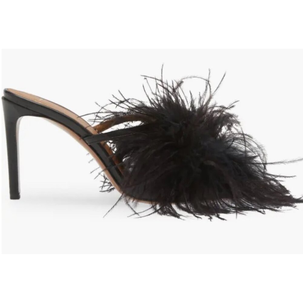 ATP ATELIER Laviano Feather Pointed open Toe black Mule heels size 38 NWOB